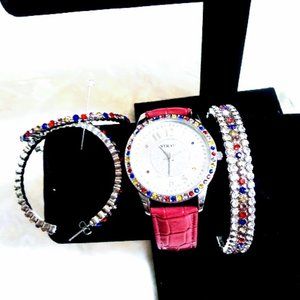 WATCH, BRACELET&HOOP EARRINGS SET*STRADA*PINK BAND*RAINBOW AUSTRIAN CRYSTALS.